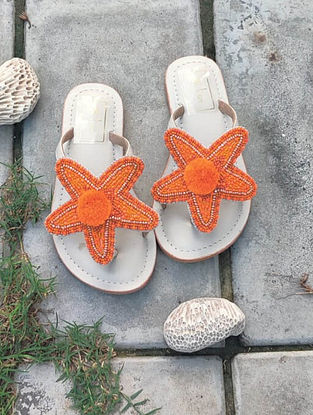 Orange Handcrafted Beaded Leather Falts For Girls