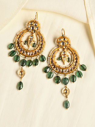 Green Gold Polki Earrings With Emeralds And Rock Crystals