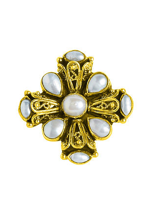 Gold Tone Sterling Silver Adjustable Ring With Pearls