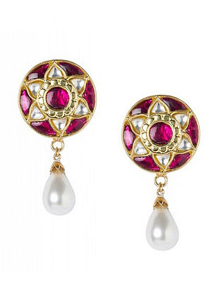 Pink Gold Plated Sterling Silver Earrings With Mangtika And Adjustable Ring