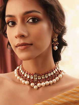 Red Gold Tone Kundan Choker Necklace Set with Pearls
