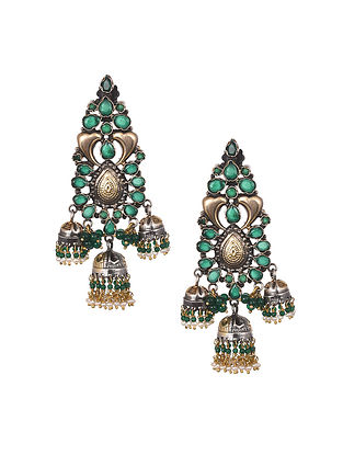 Green Tribal Silver Jhumki Earrings With Pearls