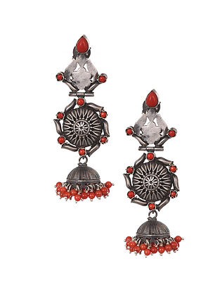 Tribal Silver Jhumki Earrings With Coral 