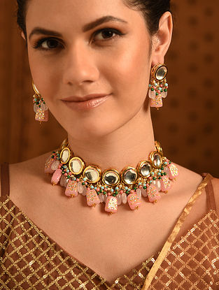 Pink Gold Tone Kundan Necklace Set