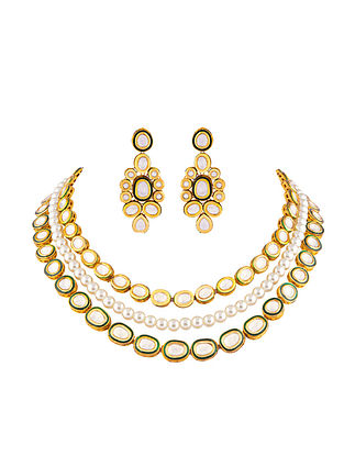 Gold Plated Kundan Layered Necklace Set with Pearls