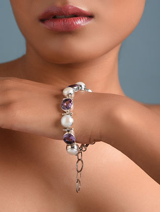 Purple White Sterling Silver Adjustable Bracelet With Amethyst And Cultured Freshwater Pearls