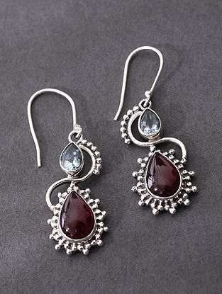 Maroon Blue Sterling Silver Earrings With Topaz And Garnet