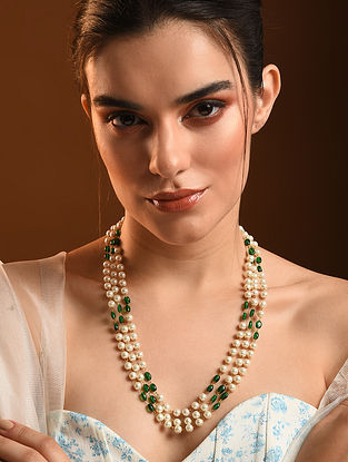 Green White Gold Tone Beaded Layered Necklace with Pearls
