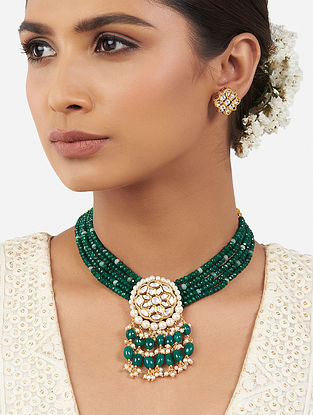 Green Gold Tone Kundan Beaded Necklace Set with Agate