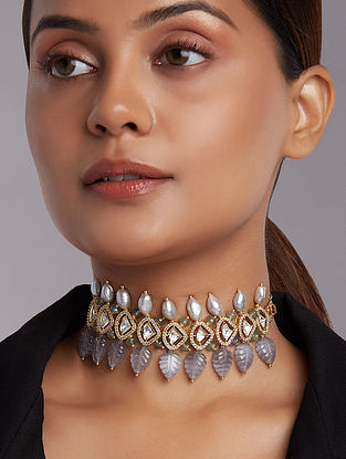 Grey Gold Plated Kundan Choker Necklace with Jade