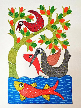 Multicolored Handpainted Life In A Pond Gond Artwork On Paper (L- 14in, W- 10in)