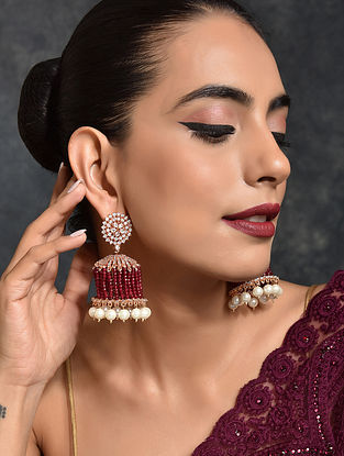 Red Gold Tone Handcrafted Jhumki Earrings with Pearls
