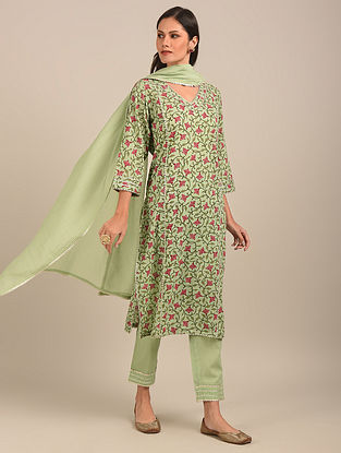 Pastel Green Hand Block Printed Cotton Kurta with Pants and Chanderi Dupatta  (Set of 3)