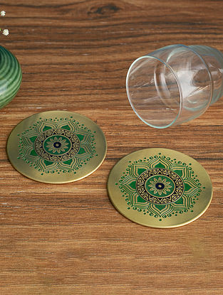 Peacock Green Hand Painted Brass Utsav Coasters (Set Of 2) (D- 4in)