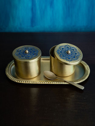 Blue Hand Painted Brass Utsav Condiment Jars (D- 8.5in, H- 3in)