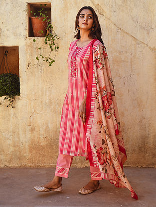 Pink Printed Chanderi Straight Kurta with Printed Dupatta and Cotton Pants (Set of 3)