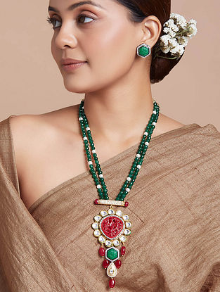 Green Red Gold Plated Kundan Necklace Set with Onyx and Agate