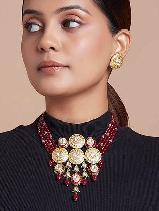 Red Gold Plated Kundan Meenakari Necklace Set with Onyx, Agate and Pearls