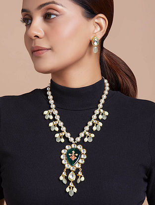 Green Gold Plated Kundan Necklace Set with Onyx, Jade and Pearls