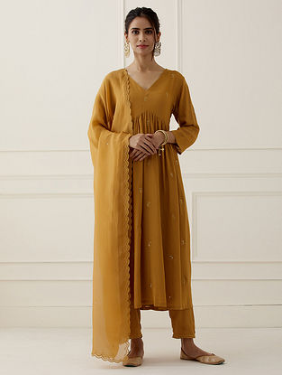 Mustard Embroidered Modal Cotton Kurta with Pants and Tissue Organza Dupatta (Set of 3)