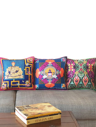 Printed Cotton And Silk Asian Fusion Japanese Cushion Covers (Set Of 3) (L- 16in, W-16in)