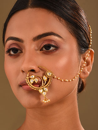 Gold Tone Kundan Nath with Pearls