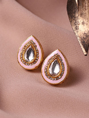 Pink Enameled Gold Tone Kundan Stud Earrings