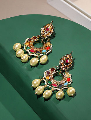 Navratna Gold Tone Kundan Earrings with Pearls