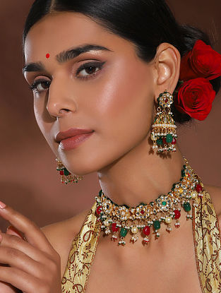 Navratna Gold Tone Kundan Necklace Set with Pearls
