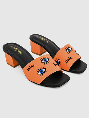 Orange Black Handcrafted Vegan Leather Block Heels