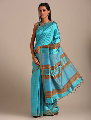 Blue Handwoven Tussar Gicha Silk Saree