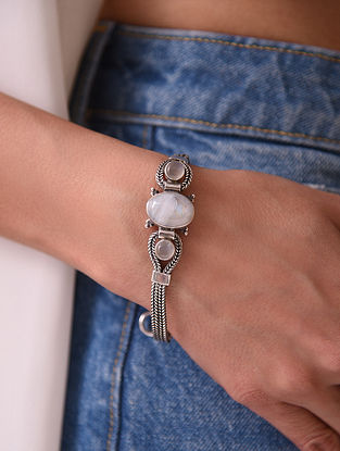 White Sterling Silver Adjustable Bracelet With Rainbow Moonstone
