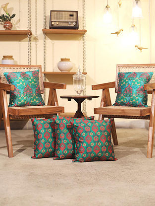 Printed Dupion Green Jall And Boota Cushion Covers (Set Of 5) (L- 16in, W-16in)