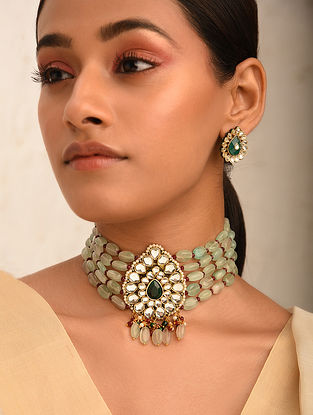 Green Gold Tone Kundan Choker Necklace Set with Quartz