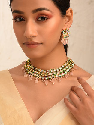 Pink Green Gold Tone Kundan Choker Necklace Set with Quartz