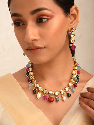 Multicolor Gold Tone Kundan Necklace Set with Quartz