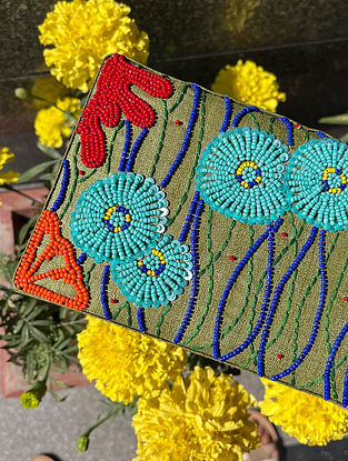 Multicolored Handcrafted Embellished Raw Silk Clutch
