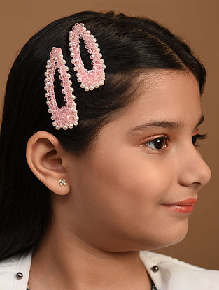 Pink Crystal Beaded Hairclips for Kids (Set of 2)