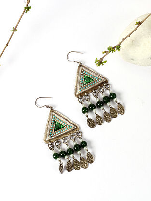 Handcrafted Vintage Silver Earrings With Old Glass Stone