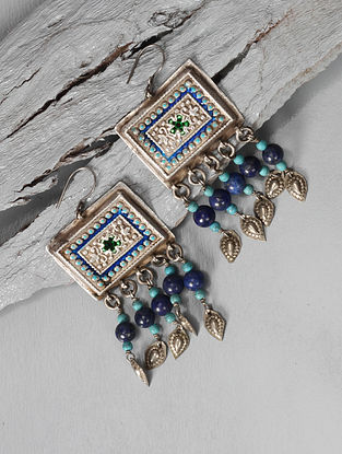 Handcrafted Vintage Silver Earrings With Lapis And Feroza Stone