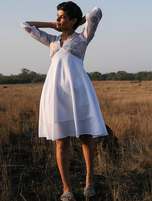 Maria White Hand Embroidered and Mirrorwork Cotton Dress with Pockets