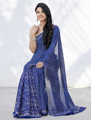 Blue Block Printed Chanderi Cotton Silk Saree