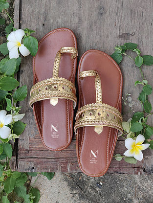 Gold Brown Handcrafted Genuine Leather Kolhapuri Flats