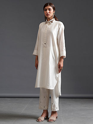 Off White Collared Hand Embroidered Silk Chanderi Tunic kurta
