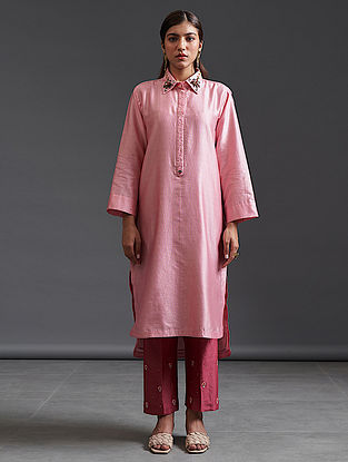 Pink Collared Hand Embroidered Silk Chanderi Tunic kurta