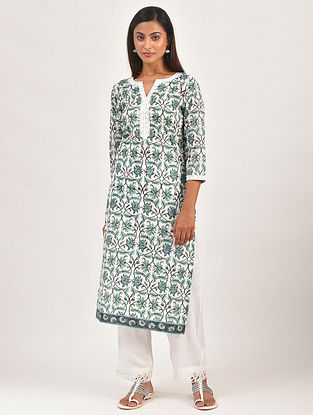 Gul Nafisa White and Green Hand Block Printed Cotton Kurta