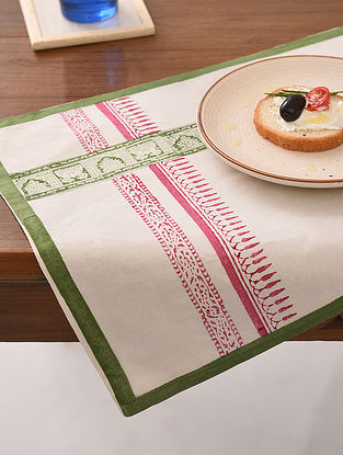 Green And Pink Handblock Printed Cotton Table Mats (Set Of 2) (L- 18in, W- 12in)