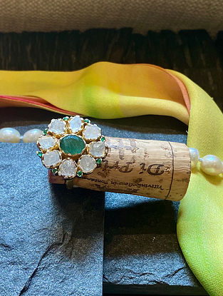 Gold Tone Polki Diamond Silver Adjustable Ring with Emerald