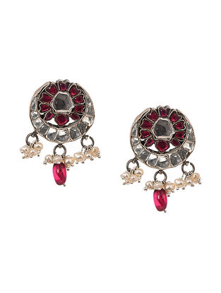 Pink Tribal Silver Earrings With Synthetic Stones And Pearls