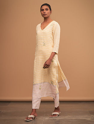 Filippa Yellow and Pink Hand Embroidered Linen V Neck Kurta with Elasticated Waist Pants (Set of 2)